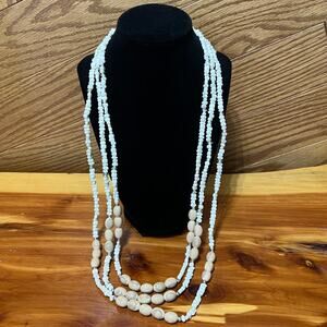 Vintage 3 Strand Layered Puka Shell Hawaiian Necklace Glazed Wood Beaded Clasp